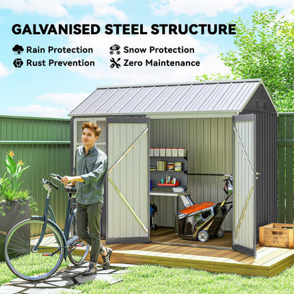 8 x 6 Ft Galvanised Metal Garden Shed with Double Doors - Grey