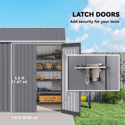 8 x 6 Ft Galvanised Metal Garden Shed with Double Doors - Grey