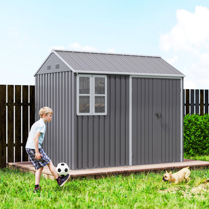 8 x 6 Ft Galvanised Metal Garden Shed with Double Doors - Grey