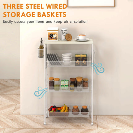 3-Tier Kitchen Cart with 3 Steel Wire Baskets - White