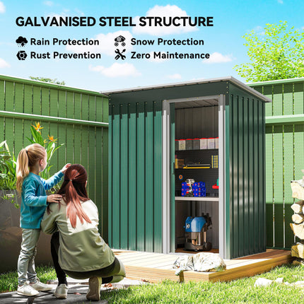5 x 3ft Galvanised Steel Garden Storage Shed with Sliding Door - Green