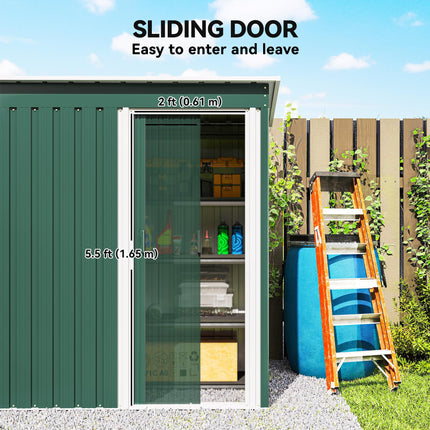 5 x 3ft Galvanised Steel Garden Storage Shed with Sliding Door - Green