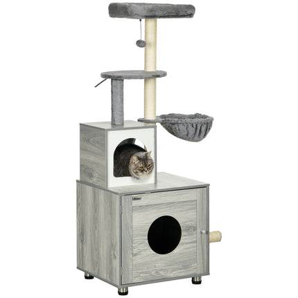 Enclosed Cat Litter Box with Cat House, Bed, Scratching Posts & Platforms for Indoor Cats - Grey