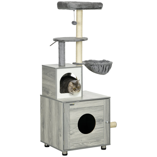 Enclosed Cat Litter Box with Cat House, Bed, Scratching Posts & Platforms for Indoor Cats - Grey