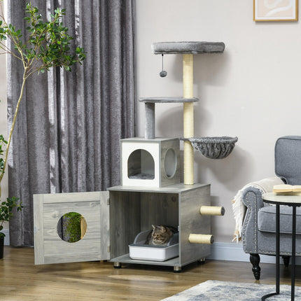 Enclosed Cat Litter Box with Cat House, Bed, Scratching Posts & Platforms for Indoor Cats - Grey