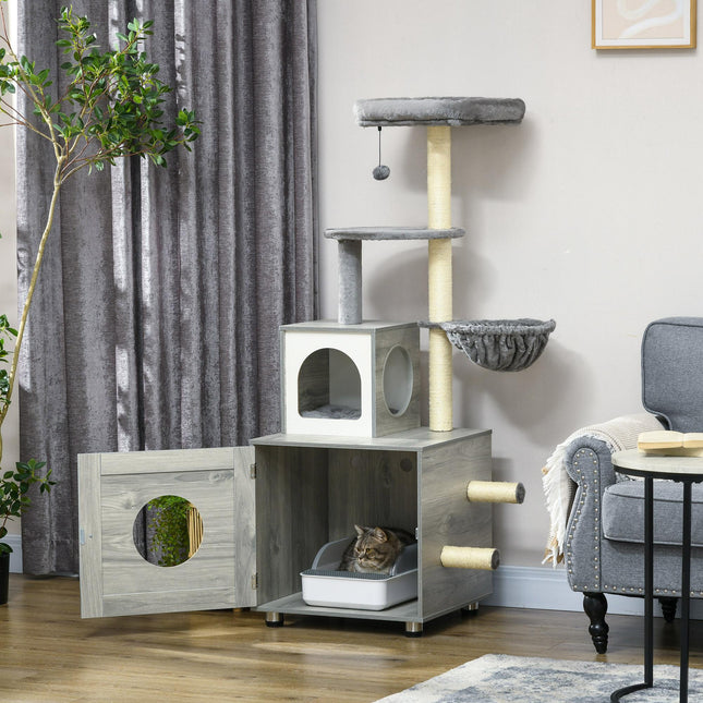 Enclosed Cat Litter Box with Cat House, Bed, Scratching Posts & Platforms for Indoor Cats - Grey