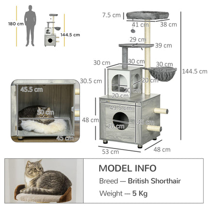 Enclosed Cat Litter Box with Cat House, Bed, Scratching Posts & Platforms for Indoor Cats - Grey
