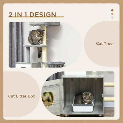 Enclosed Cat Litter Box with Cat House, Bed, Scratching Posts & Platforms for Indoor Cats - Grey