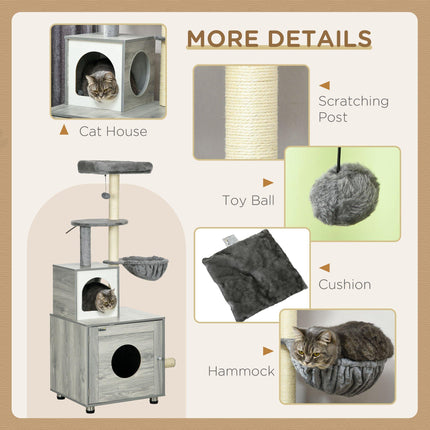 Enclosed Cat Litter Box with Cat House, Bed, Scratching Posts & Platforms for Indoor Cats - Grey
