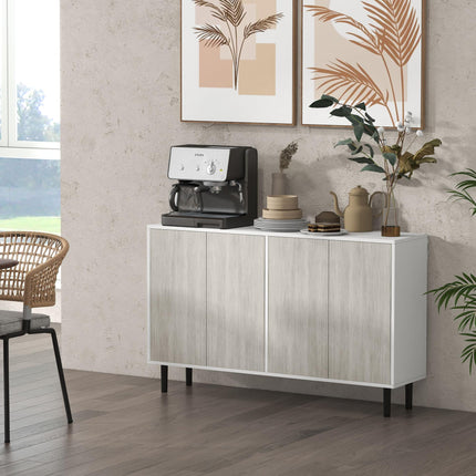 Kitchen Sideboard Storage Cabinet with 4 Doors, Adjustable Shelves & Pine Wood Legs - White