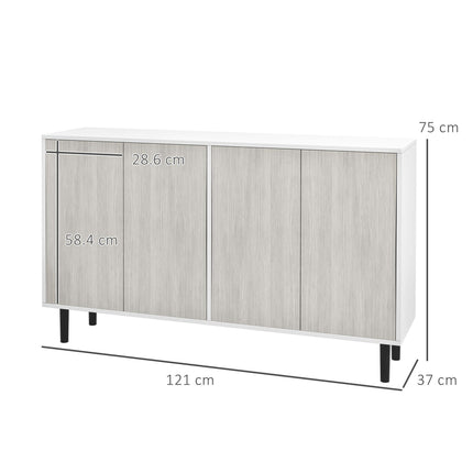 Kitchen Sideboard Storage Cabinet with 4 Doors, Adjustable Shelves & Pine Wood Legs - White