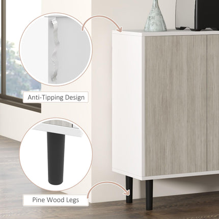 Kitchen Sideboard Storage Cabinet with 4 Doors, Adjustable Shelves & Pine Wood Legs - White