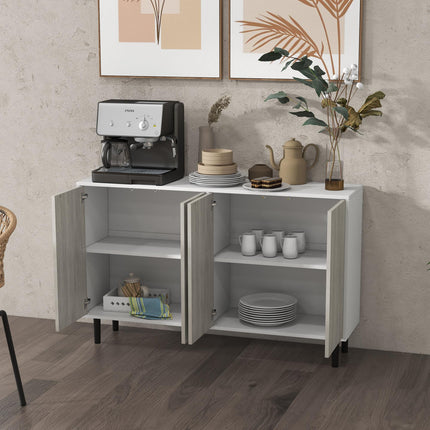 Kitchen Sideboard Storage Cabinet with 4 Doors, Adjustable Shelves & Pine Wood Legs - White