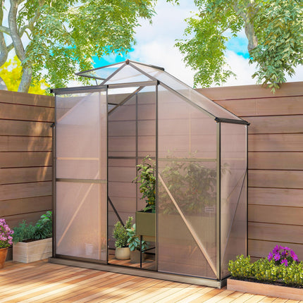 6 Foot Polycarbonate Greenhouse with Sliding Door and Rain Gutter - Dark Grey