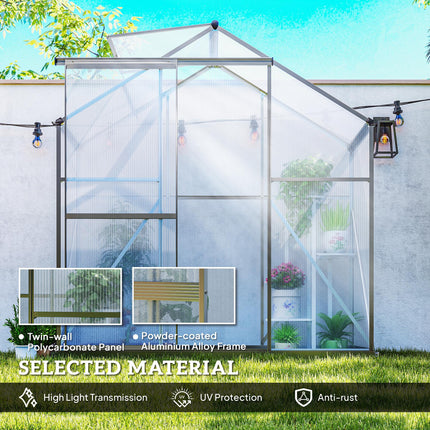 6 Foot Polycarbonate Greenhouse with Sliding Door and Rain Gutter - Dark Grey