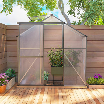 6 Foot Polycarbonate Greenhouse with Sliding Door and Rain Gutter - Dark Grey