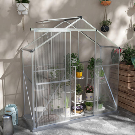 6 Foot Polycarbonate Greenhouse with Sliding Door and Rain Gutter - Silver