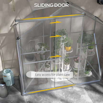 6 Foot Polycarbonate Greenhouse with Sliding Door and Rain Gutter - Silver