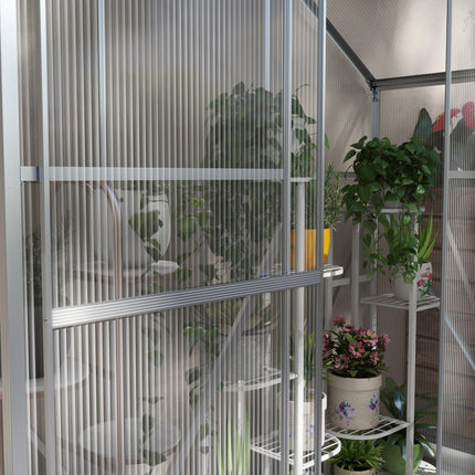 6 Foot Polycarbonate Greenhouse with Sliding Door and Rain Gutter - Silver