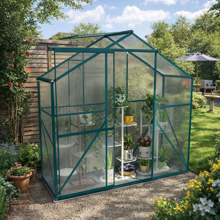 6 Foot Polycarbonate Greenhouse with Sliding Door and Rain Gutter - Green