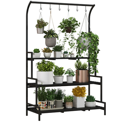 3 Tier Steel Plant Rack with Wooden Shelves and Hooks - Black