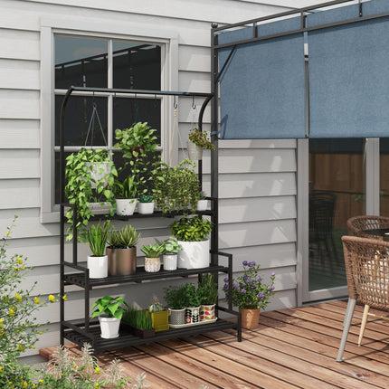 3 Tier Steel Plant Rack with Wooden Shelves and Hooks - Black