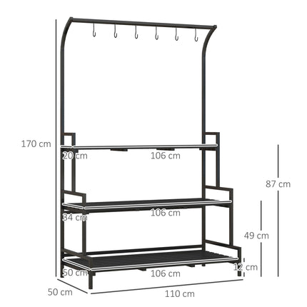 3 Tier Steel Plant Rack with Wooden Shelves and Hooks - Black