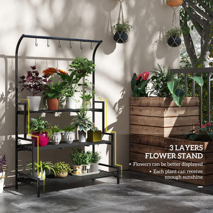 3 Tier Steel Plant Rack with Wooden Shelves and Hooks - Black