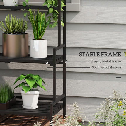 3 Tier Steel Plant Rack with Wooden Shelves and Hooks - Black