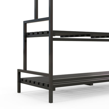 3 Tier Steel Plant Rack with Wooden Shelves and Hooks - Black