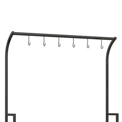 3 Tier Steel Plant Rack with Wooden Shelves and Hooks - Black