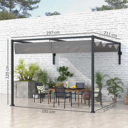 2 x 3 Metre Metal Lean To Pergola with Retractable Roof - Dark Grey