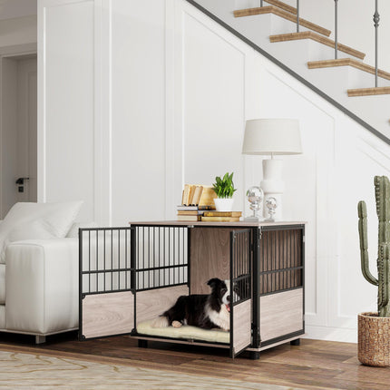 80cm Furniture Style Dog Crate with 3 Doors and Washable Cushion for Medium Dogs - Walnut Wood Finish