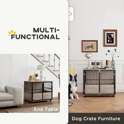 80cm Furniture Style Dog Crate with 3 Doors and Washable Cushion for Medium Dogs - Walnut Wood Finish