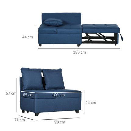 3-in-1 Convertible Chair Bed with 5-Level Adjustable Backrest and Pillows - Blue