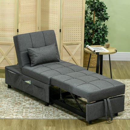4-in-1 Convertible Chair Bed with Adjustable Recliner, Wheels & Pillow - Grey