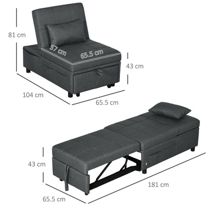 4-in-1 Convertible Chair Bed with Adjustable Recliner, Wheels & Pillow - Grey