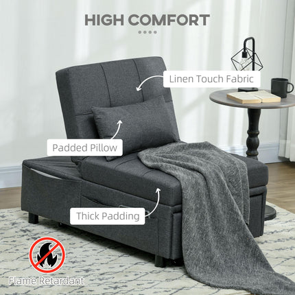 4-in-1 Convertible Chair Bed with Adjustable Recliner, Wheels & Pillow - Grey