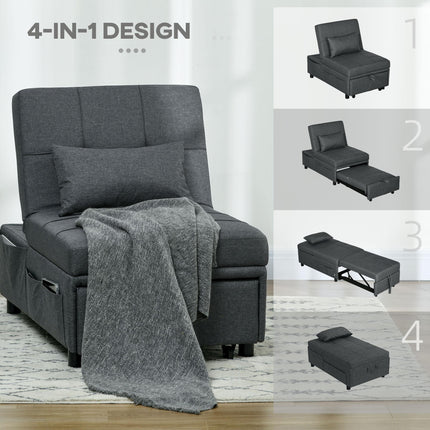 4-in-1 Convertible Chair Bed with Adjustable Recliner, Wheels & Pillow - Grey