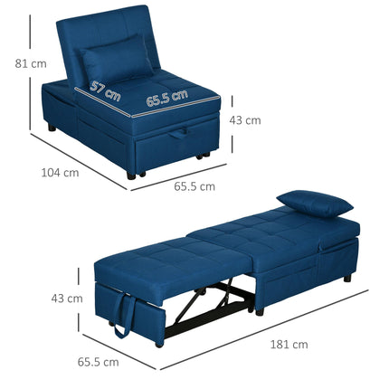 3-in-1 Convertible Sleeper Chair Bed with Adjustable Recliner, Wheels & Pillow - Blue
