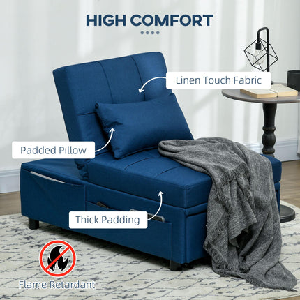 3-in-1 Convertible Sleeper Chair Bed with Adjustable Recliner, Wheels & Pillow - Blue