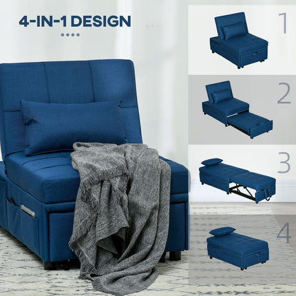 3-in-1 Convertible Sleeper Chair Bed with Adjustable Recliner, Wheels & Pillow - Blue
