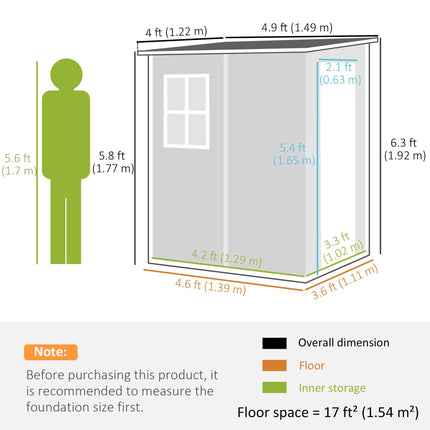 4x5ft Lockable Garden Storage Shed with Window and Ventilation - Grey
