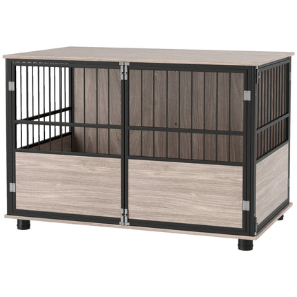 100cm Furniture Style Dog Crate with 3 Doors and Washable Cushion for Large Dogs - Walnut Wood Finish