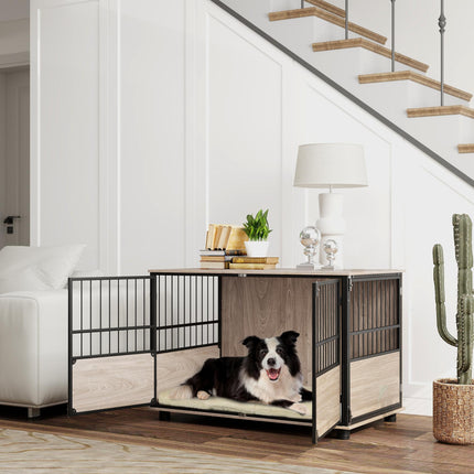 100cm Furniture Style Dog Crate with 3 Doors and Washable Cushion for Large Dogs - Walnut Wood Finish