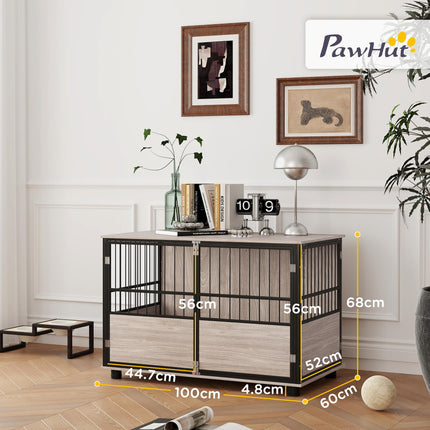 100cm Furniture Style Dog Crate with 3 Doors and Washable Cushion for Large Dogs - Walnut Wood Finish
