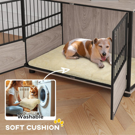 100cm Furniture Style Dog Crate with 3 Doors and Washable Cushion for Large Dogs - Walnut Wood Finish
