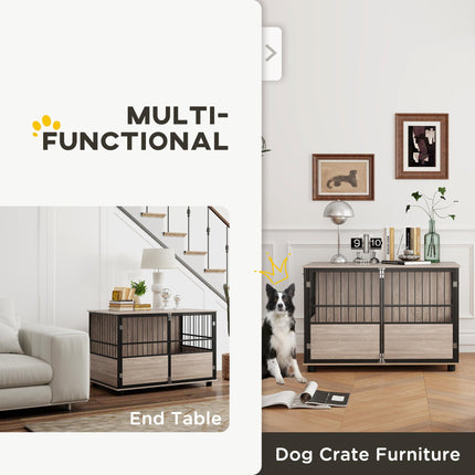 100cm Furniture Style Dog Crate with 3 Doors and Washable Cushion for Large Dogs - Walnut Wood Finish