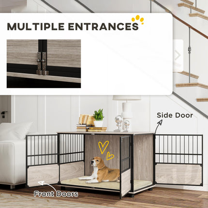 100cm Furniture Style Dog Crate with 3 Doors and Washable Cushion for Large Dogs - Walnut Wood Finish