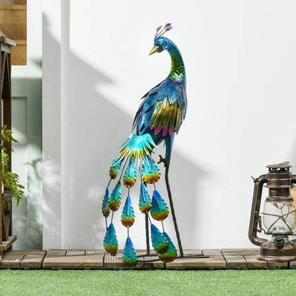 Steel Peacock Garden Statue with Stakes Durable Outdoor Decoration - Multi-Coloured